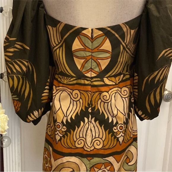 Johanna Ortiz Elegant Brown and Orange Patterned puffy sleeves mini Dress, US8 - Picture 12 of 14